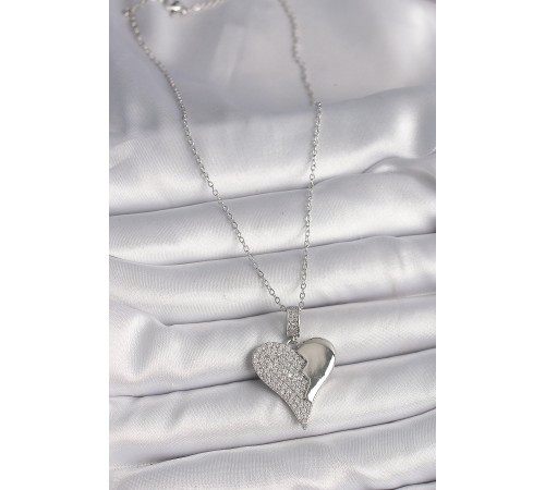 316L Çelik Gümüş Renk Zincir Zirkon Taşlı Kırık Kalp Model Kadın Kolye