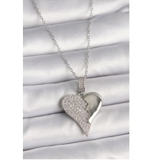 316L Çelik Gümüş Renk Zincir Zirkon Taşlı Kırık Kalp Model Kadın Kolye