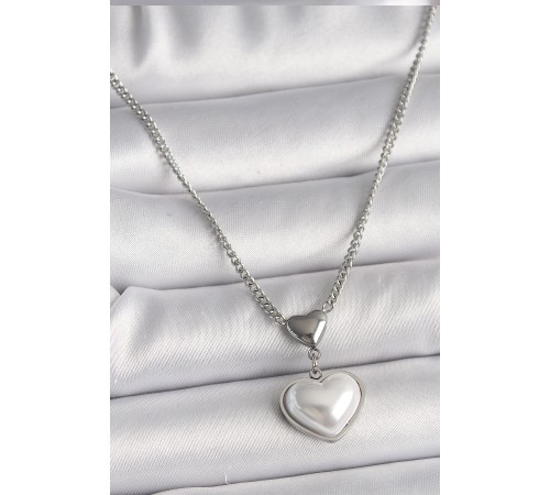 316L Çelik Gümüş Renk Zincir 3D Kalp Model Kadın Kolye