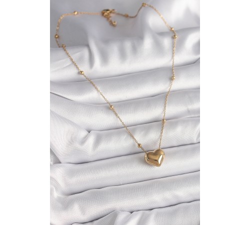 316L Çelik Gold Renk Topçuk Detaylı Zincir Kalp Model Kadın Kolye