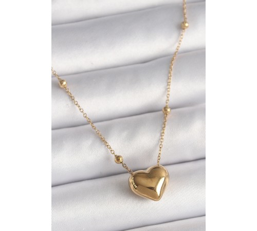 316L Çelik Gold Renk Topçuk Detaylı Zincir Kalp Model Kadın Kolye