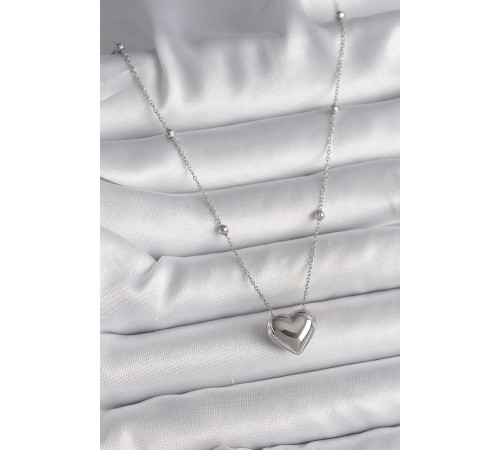 316L Çelik Gümüş Renk Topçuk Detay Zincir Kalp Model Kadın Kolye