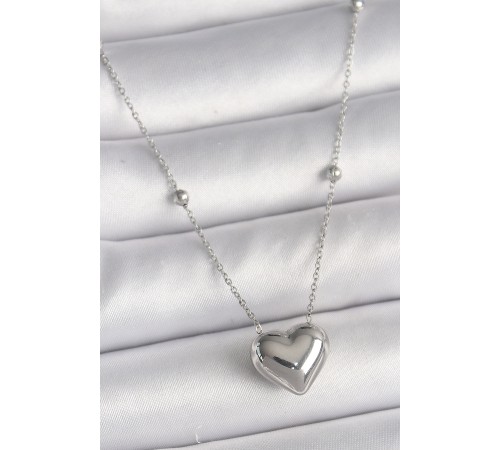 316L Çelik Gümüş Renk Topçuk Detay Zincir Kalp Model Kadın Kolye
