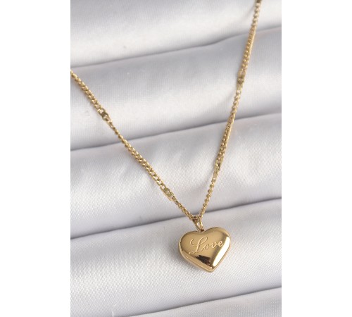 316L Çelik Gold Renk Zincir Love İşlemeli Kalp Figür Kadın Kolye