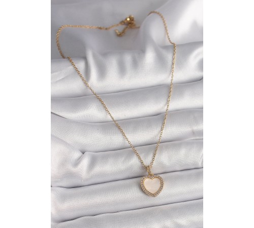 316L Çelik Gold Renk Zincir Zirkon Taşlı Beyaz Mineli Kalp Model Kadın Kolye