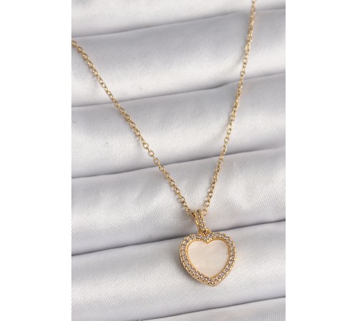 316L Çelik Gold Renk Zincir Zirkon Taşlı Beyaz Mineli Kalp Model Kadın Kolye