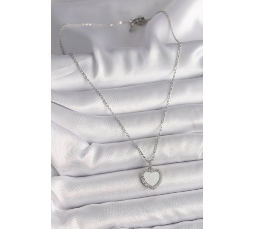 316L Çelik Gümüş Renk Zincir Zirkon Taşlı Beyaz Mineli Kalp Model Kadın Kolye