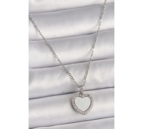 316L Çelik Gümüş Renk Zincir Zirkon Taşlı Beyaz Mineli Kalp Model Kadın Kolye