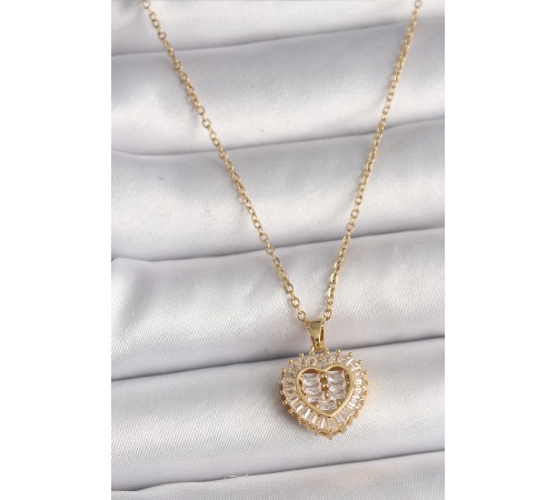 316L Çelik Gold Renk Zincir Zirkon Taşlı Kalp Model Kadın Kolye