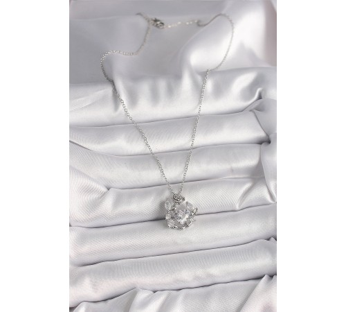 316L Çelik Gümüş Renk Zincir Zirkon Taşlı Kalp Figür Gül Detay Kadın Kolye