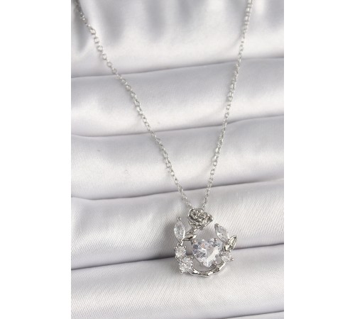 316L Çelik Gümüş Renk Zincir Zirkon Taşlı Kalp Figür Gül Detay Kadın Kolye