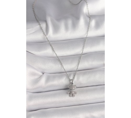 316L Çelik Gümüş Renk Zincir Zirkon Taşlı Ayıcık Figür Kadın Kolye