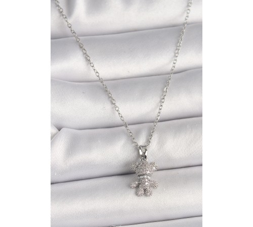 316L Çelik Gümüş Renk Zincir Zirkon Taşlı Ayıcık Figür Kadın Kolye