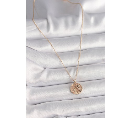 Pirinç Gold Renk Zirkon Taş Detaylı Gül İşleme Madalyon Model Kadın Kolye