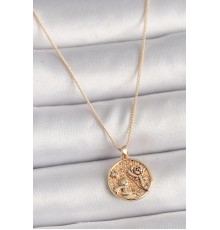 Pirinç Gold Renk Zirkon Taş Detaylı Gül İşleme Madalyon Model Kadın Kolye