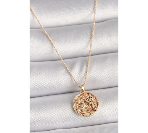 Pirinç Gold Renk Zirkon Taş Detaylı Gül İşleme Madalyon Model Kadın Kolye