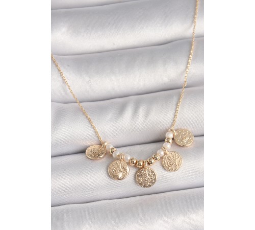 Pirinç Gold Renk 5'Li Osmanlı Tuğra Figür İnci Detay Kadın Kolye