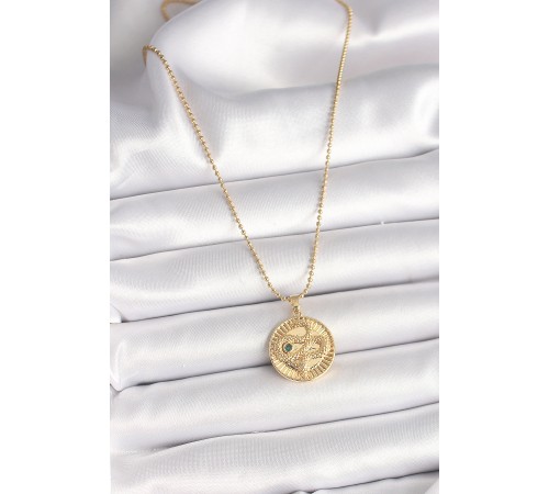 316L Çelik Gold Renk Topçuk Zincir Yılan İşlemeli Zirkon Taş Detaylı Madalyon Model Kadın Kolye