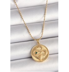 316L Çelik Gold Renk Topçuk Zincir Yılan İşlemeli Zirkon Taş Detaylı Madalyon Model Kadın Kolye