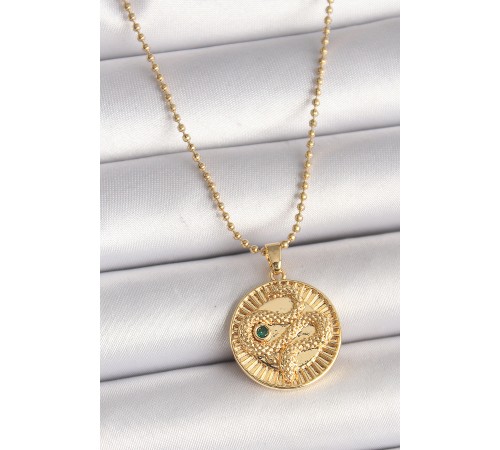 316L Çelik Gold Renk Topçuk Zincir Yılan İşlemeli Zirkon Taş Detaylı Madalyon Model Kadın Kolye