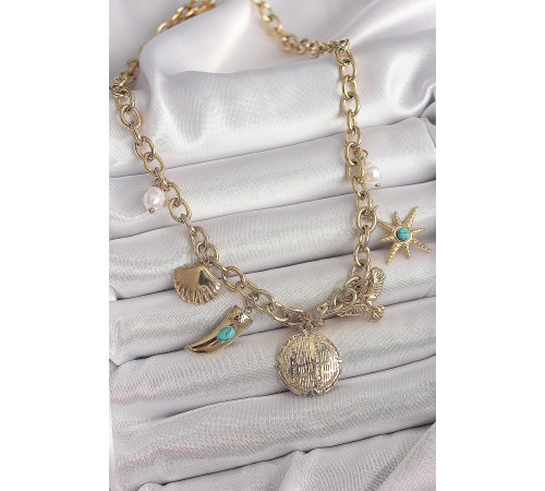 316L Çelik Gold Renk Zincir Sallantılı Çoklu Figür Model Kadın Kolye