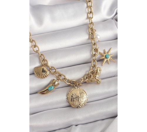 316L Çelik Gold Renk Zincir Sallantılı Çoklu Figür Model Kadın Kolye
