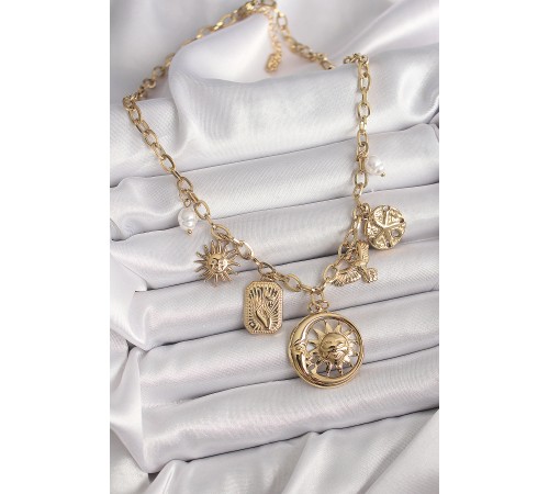 316L Çelik Gold Renk Halka Zincir Sallantı Ay Güneş Figür Kuş Detay Kadın Kolye