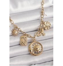 316L Çelik Gold Renk Halka Zincir Sallantı Ay Güneş Figür Kuş Detay Kadın Kolye