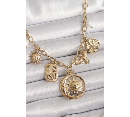 316L Çelik Gold Renk Halka Zincir Sallantı Ay Güneş Figür Kuş Detay Kadın Kolye