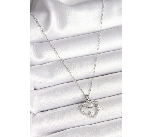 316L Çelik Gümüş Renk Zincir Zirkon Taşlı Kalp Model Yıldız Detay Kadın Kolye