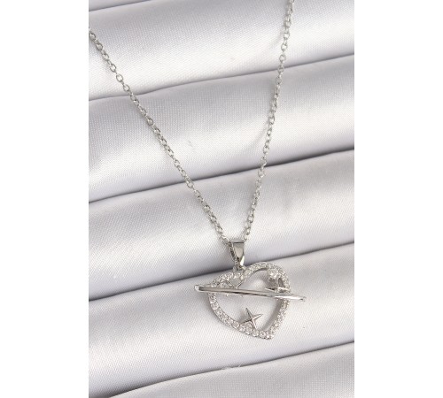 316L Çelik Gümüş Renk Zincir Zirkon Taşlı Kalp Model Yıldız Detay Kadın Kolye