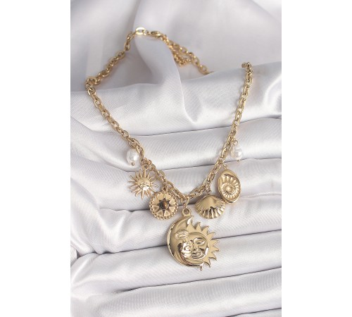 316L Çelik Gold Renk Ay Güneş Figür Deniz Kabuğu Detay Kadın Kolye