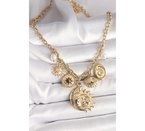 316L Çelik Gold Renk Ay Güneş Figür Deniz Kabuğu Detay Kadın Kolye