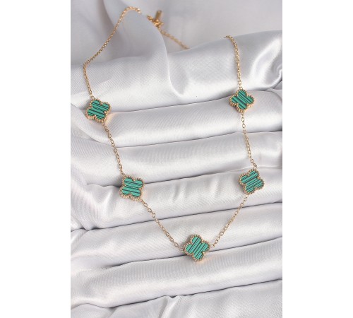 316L Çelik Gold Renk Zincir Yeşil Yonca Model Kadın Kolye