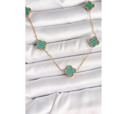 316L Çelik Gold Renk Zincir Yeşil Yonca Model Kadın Kolye