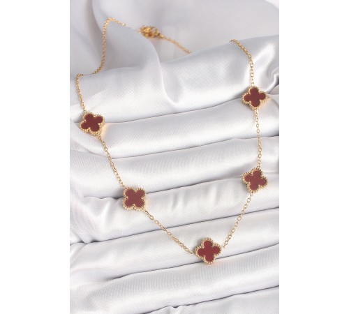 316L Çelik Gold Renk Zincir Bordo Yonca Model Kadın Kolye