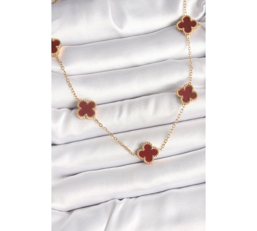 316L Çelik Gold Renk Zincir Bordo Yonca Model Kadın Kolye