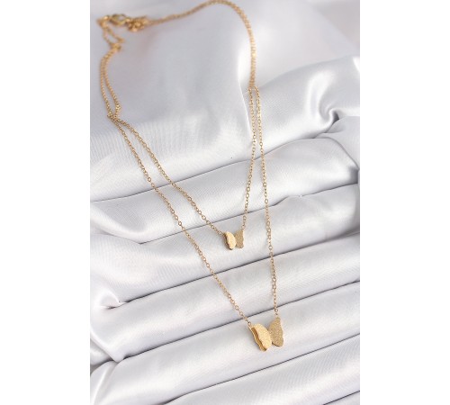 316L Çelik Gold Renk 2'Li Simli Kelebek Model Kadın Kolye