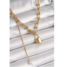 316L Çelik Gold Renk Tifany Zincir Model Kilit Figür Sallantı İnci Detay Kadın Kolye