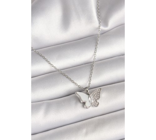 316L Çelik Gümüş Renk Zincir Zirkon Taşlı Beyaz Mineli Kelebek Model Kadın Kolye