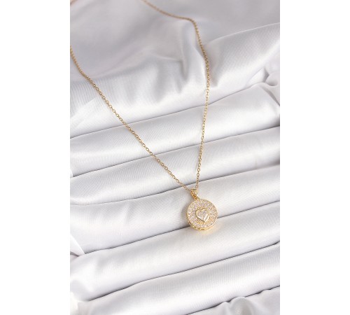 316L Çelik Gold Renk Zincir Madalyon Zirkon Taşlı Kalp Model Kadın Kolye