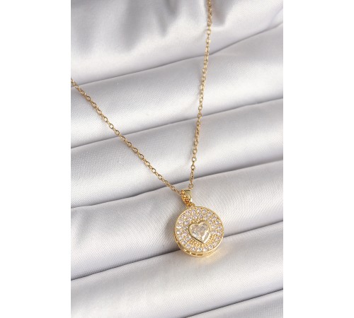 316L Çelik Gold Renk Zincir Madalyon Zirkon Taşlı Kalp Model Kadın Kolye