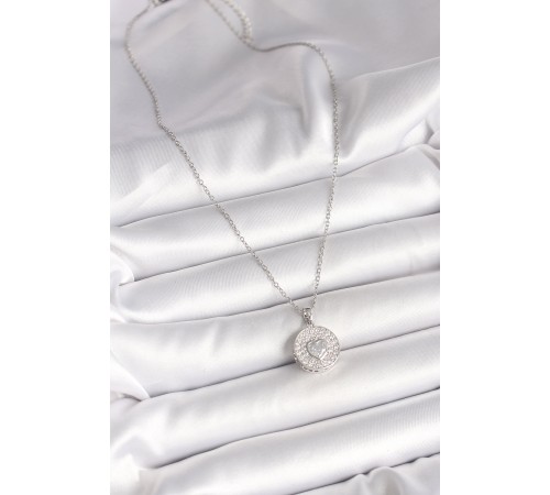 316L Çelik Gümüş Renk Zincir Zirkon Taşlı Kalp İşlemeli Madalyon Model Kadın Kolye