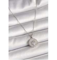 316L Çelik Gümüş Renk Zincir Zirkon Taşlı Kalp İşlemeli Madalyon Model Kadın Kolye