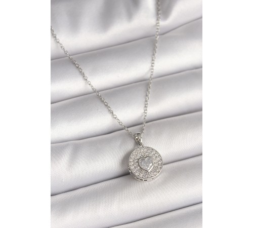 316L Çelik Gümüş Renk Zincir Zirkon Taşlı Kalp İşlemeli Madalyon Model Kadın Kolye