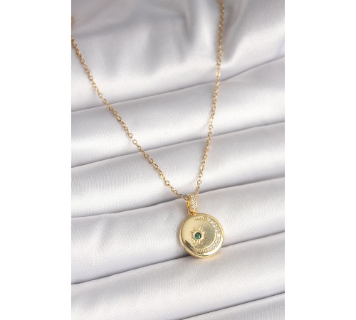 316L Çelik Gold Renk Zincir Zirkon Taş İşlemeli Hilal Yıldız İşlemeli Madalyon Model Kadın Kolye