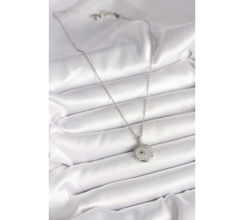 316L Çelik Gümüş Renk Zincir Madalyon Zirkon Taşlı İşlemeli Hilal Yıldız Model Kadın Kolye