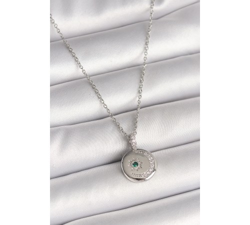 316L Çelik Gümüş Renk Zincir Madalyon Zirkon Taşlı İşlemeli Hilal Yıldız Model Kadın Kolye