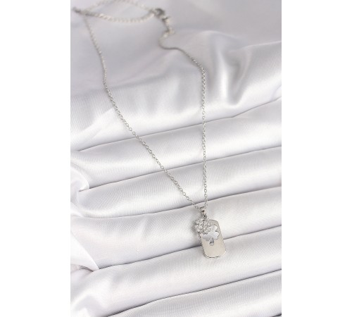 316L Çelik Gümüş Renk Zincir Zirkon Taşlı Yonca Model Kadın Kolye