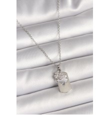 316L Çelik Gümüş Renk Zincir Zirkon Taşlı Yonca Model Kadın Kolye